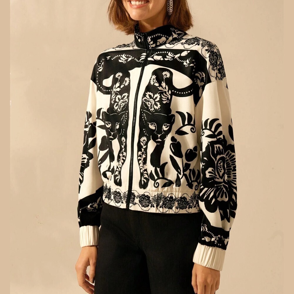 Ivory Black Panther Print Lightweight Bomber Jacket - Zip Front Stand Collar